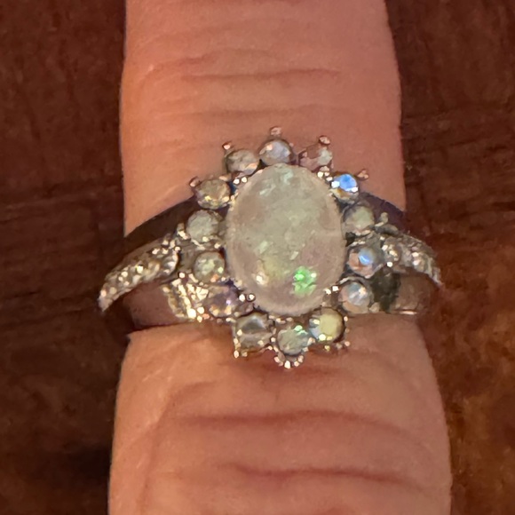 Opal Sunflower, Lab created, Flower Shape, Side Cubic Zirconia Fairy Ring, Sz 7 - Picture 6 of 13